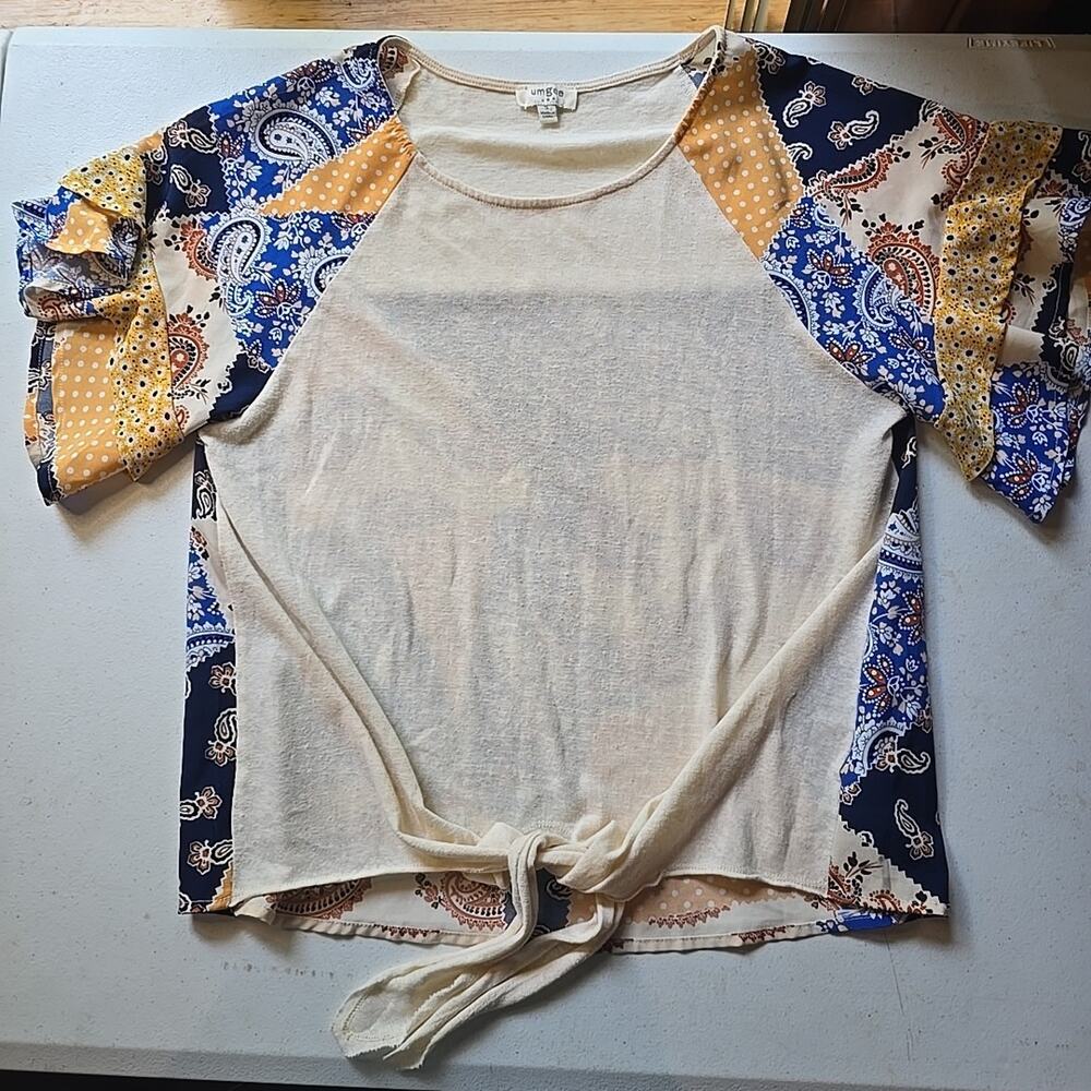 UMGEE Women’s‎ Boho Floral Flutter Sleeve Front Tie Shirt Size S